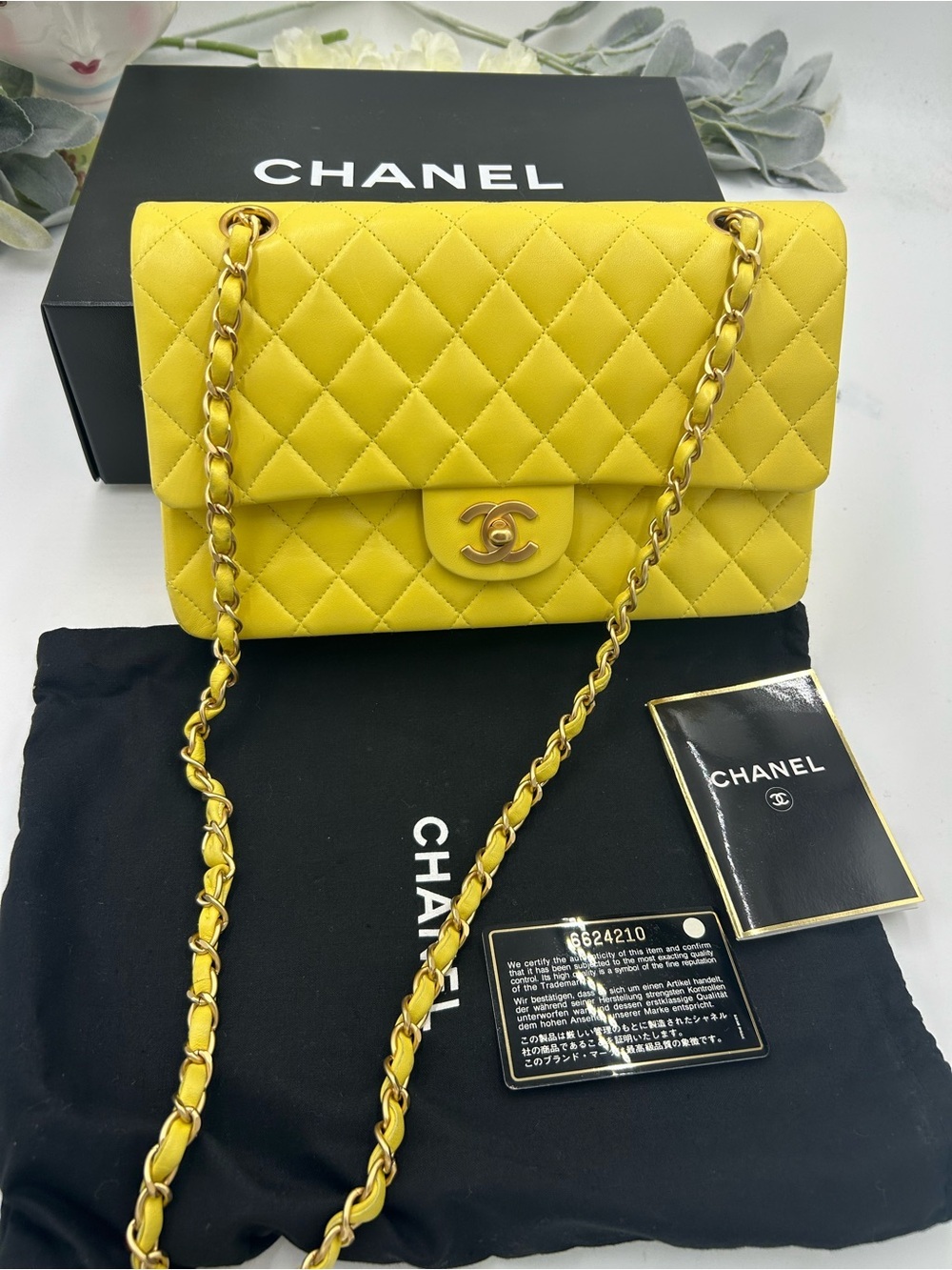 Women's Chanel Classic Quilted double Flap Bag in Yellow with Gold Hardware